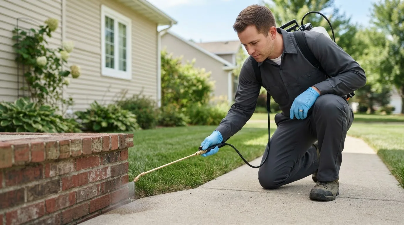 Pest control technician treating a home near Low Moor, IA