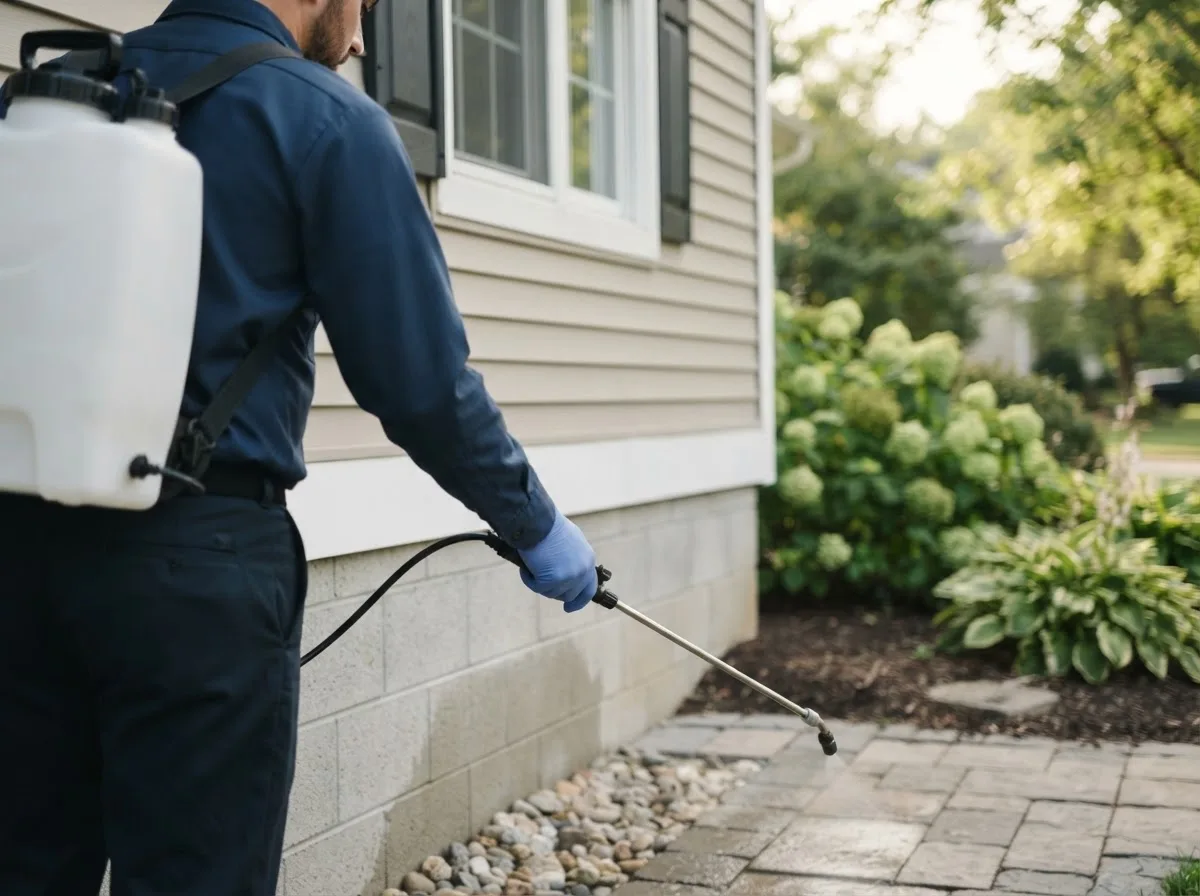 Pest control technician inspecting a home in Low Moor, IA